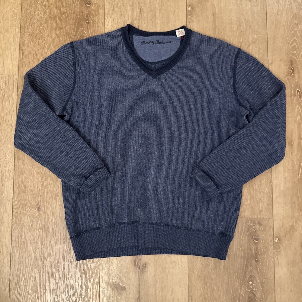 Tommy Bahama Men's S V-Neck Sweater Blue Cotton Wool Knit Pullover Small‎